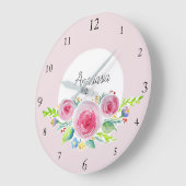 ベビーガールピンクウォーターカラーフラワーズ&ネーム子供部屋 ラージ壁時計 (傾斜)