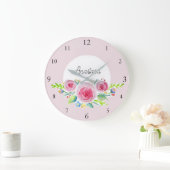 ベビーガールピンクウォーターカラーフラワーズ&ネーム子供部屋 ラージ壁時計 (ホーム)