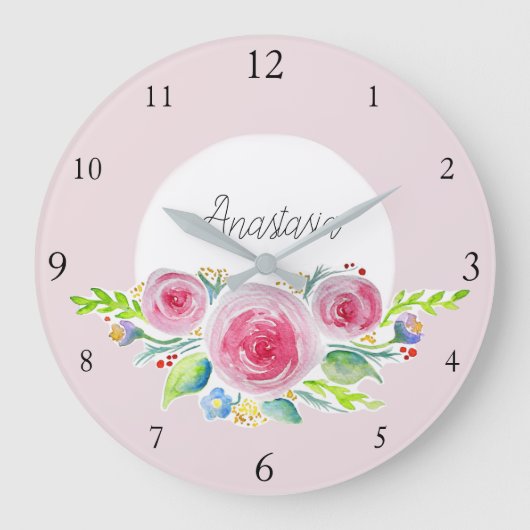 ベビーガールピンクウォーターカラーフラワーズ&ネーム子供部屋 ラージ壁時計 (正面)