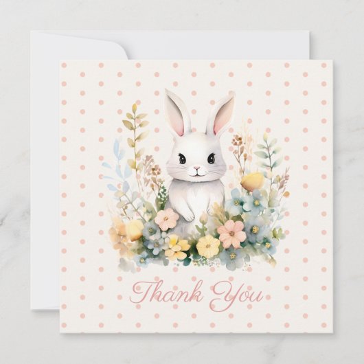 ベビーガールピンクウサギと花ベビーシャワー サンキューカード (正面)