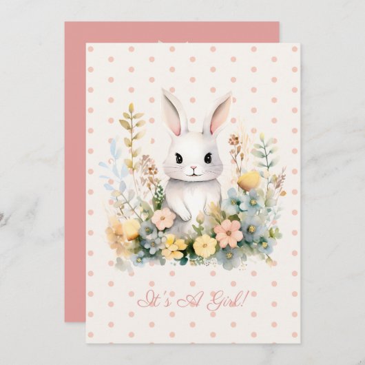 ベビーガールピンクウサギと花ベビーシャワー 招待状 (正面/裏面)
