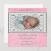 ベビーガールピンクギンガムクリスチャンフォト誕生 案内状 (正面/裏面)