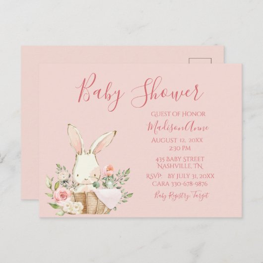 ベビーガールピンクスクリプトカエレガントワイトベビー招待状 ポストカード (正面/裏面)