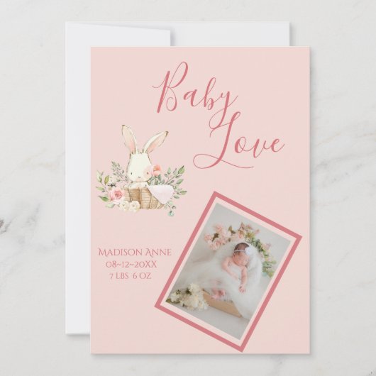 ベビーガールピンクスクリプトキュートエレガントベビー誕生 案内状 (正面)