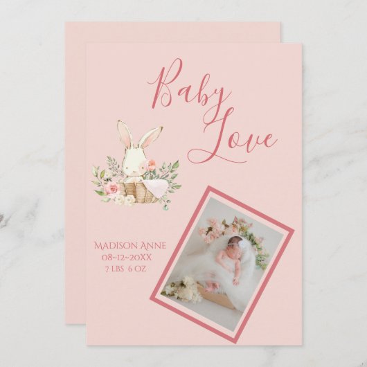 ベビーガールピンクスクリプトキュートエレガントベビー誕生 案内状 (正面/裏面)