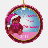 ベビーガールピンクテディベアパーソナライズされたクリスマス セラミックオーナメント (正面)