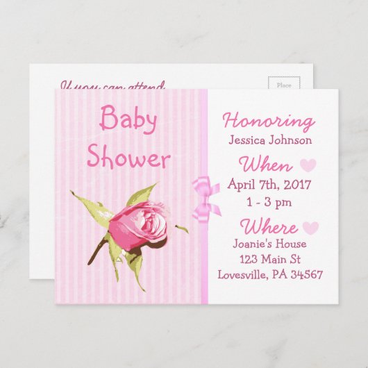 ベビーガールピンクドールベビーシャワー招待状 インビテーションポストカード (正面/裏面)