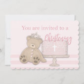 ベビーガールピンクバプテスマ招待状ケーキテディベア 招待状 (正面)