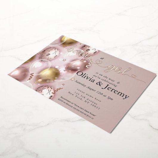 ベビーガールピンクバルーン赤ちゃんシャワー 箔招待状 (回転した状態)