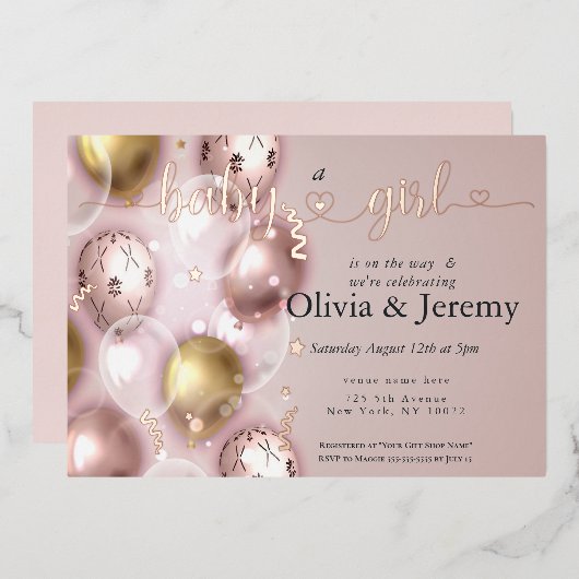 ベビーガールピンクバルーン赤ちゃんシャワー 箔招待状 (正面/裏面)
