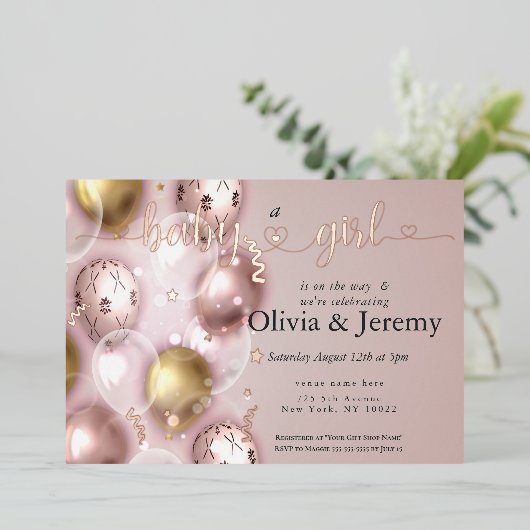 ベビーガールピンクバルーン赤ちゃんシャワー 箔招待状 (立ち正面)
