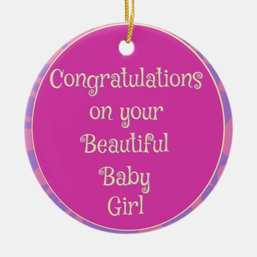 ベビーガールピンクパープルおめでとう セラミックオーナメント (正面)
