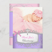 ベビーガールピンクパープル《キリスト教》洗礼式や命名式バプティスクロス 案内状 (正面/裏面)