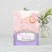 ベビーガールピンクパープル《キリスト教》洗礼式や命名式バプティスクロス 案内状 (スタンド正面)