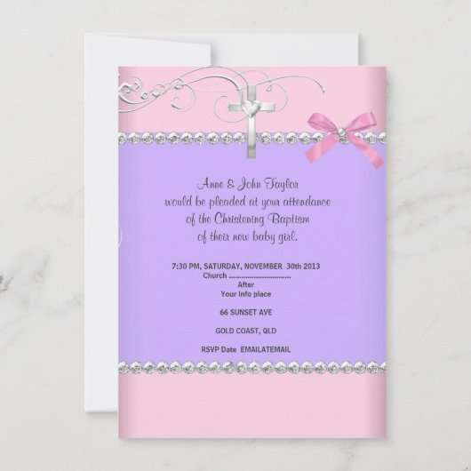 ベビーガールピンクパープル《キリスト教》洗礼式や命名式バプティスクロス 案内状 (裏面)
