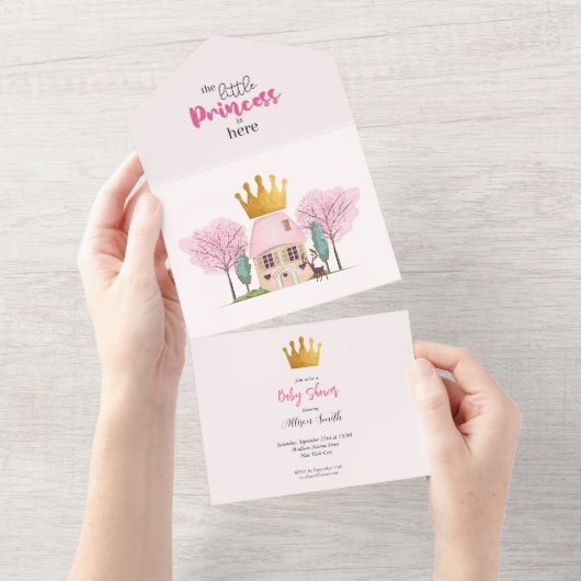 ベビーガールピンクフェアリーキャッスルプリンセスベビーシャワー オールインワン招待状 (貼ってはがせる)
