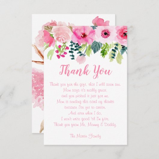 ベビーガールピンクフローラシャワーサンキューカード サンキューカード (正面/裏面)