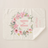 ベビーガールピンクフローラセージ緑の葉モノグラム シェルパブランケット (正面(横))