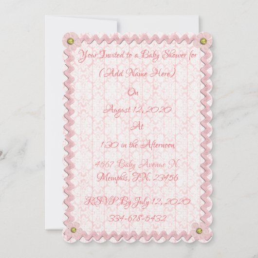 ベビーガールピンクフローラダマスクRickラック赤ちゃんシャワー 招待状 (裏面)
