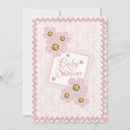 ベビーガールピンクフローラダマスクRickラック赤ちゃんシャワー 招待状 (正面)