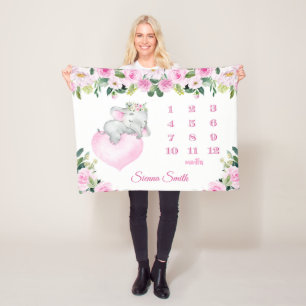 ベビーガールピンクフローラベビー象のマイルストーン名 フリースブランケット