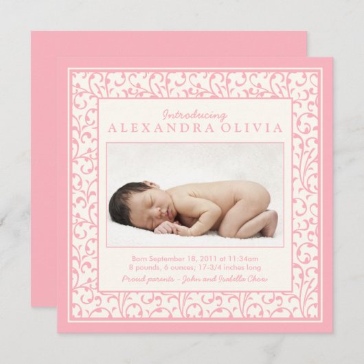 ベビーガールピンクフローラ写真誕生発表 案内状 (正面/裏面)