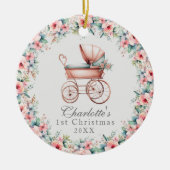 ベビーガールピンクフローラ初めてのクリスマスベビーカー セラミックオーナメント (正面)