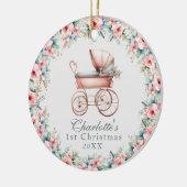 ベビーガールピンクフローラ初めてのクリスマスベビーカー セラミックオーナメント (左)