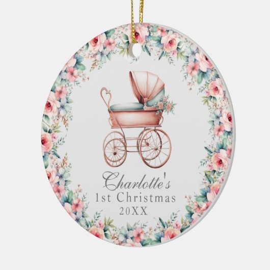 ベビーガールピンクフローラ初めてのクリスマスベビーカー セラミックオーナメント (左)