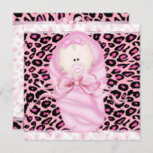 ベビーガールピンクブラックヒョウ赤ちゃんガールシャワー 招待状 (正面/裏面)