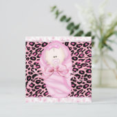 ベビーガールピンクブラックヒョウ赤ちゃんガールシャワー 招待状 (スタンド正面)