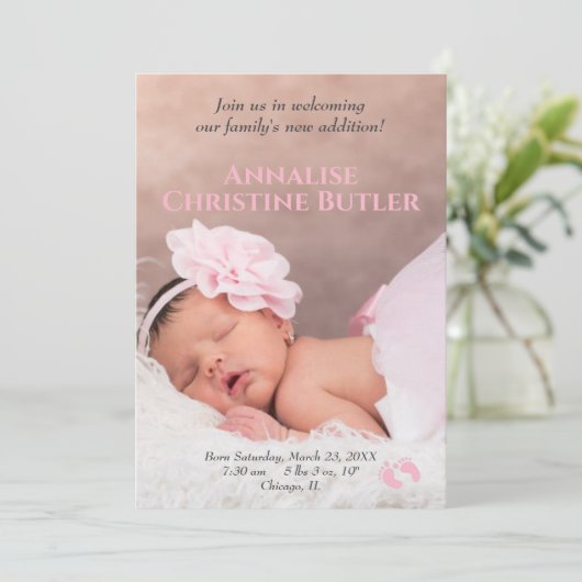 ベビーガールピンクベビー足誕生写真 案内状 (スタンド正面)