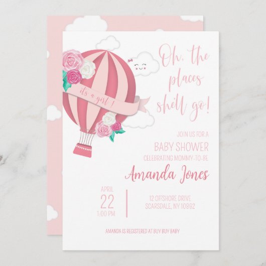 ベビーガールピンクホットエアバルーンシャワー招待状 招待状 (正面/裏面)