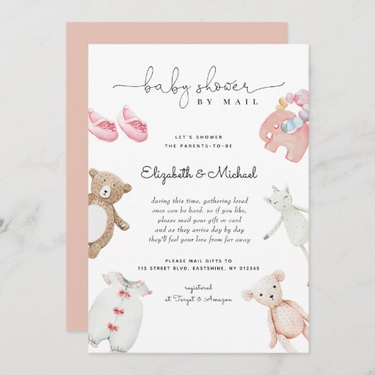 ベビーガールピンクボホウォーター色ベビーシャワーbyメール 招待状 (正面/裏面)