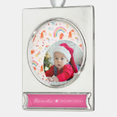 ベビーガールピンクユニコーン写真誕生Statクリスマス シルバープレートバナーオーナメント (左)