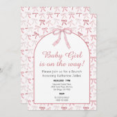 ベビーガールピンクリボンボウ赤ちゃんシャワー 招待状 (正面/裏面)