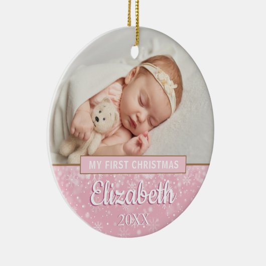 ベビーガールピンク写真初めてのクリスマス雪片 セラミックオーナメント (右)