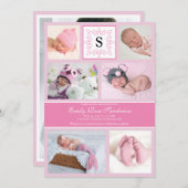 ベビーガールピンク写真誕生のお知らせモノグラム 案内状 (正面/裏面)