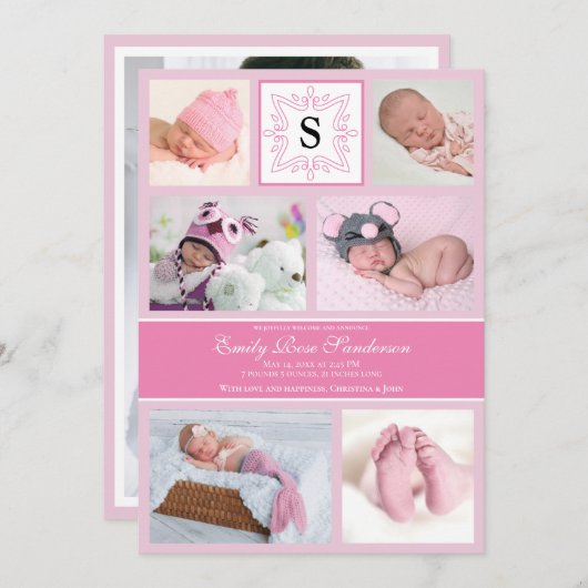 ベビーガールピンク写真誕生のお知らせモノグラム 案内状 (正面/裏面)