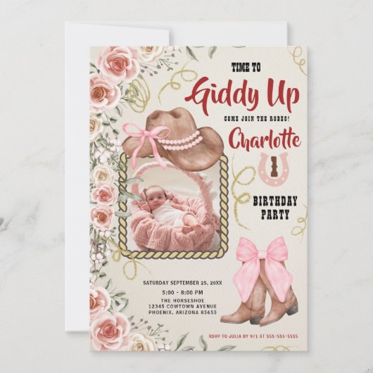 ベビーガールピンク女性のカーボーイフローラ1stバースデーフォト 招待状 (正面)