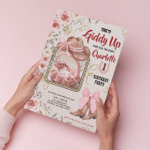 ベビーガールピンク女性のカーボーイフローラ1stバースデーフォト 招待状