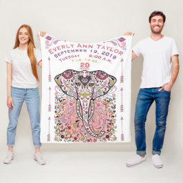 ベビーガールピンク誕生レコード統計エレファント部族 フリースブランケット