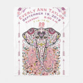 ベビーガールピンク誕生レコード統計エレファント部族 フリースブランケット (正面)