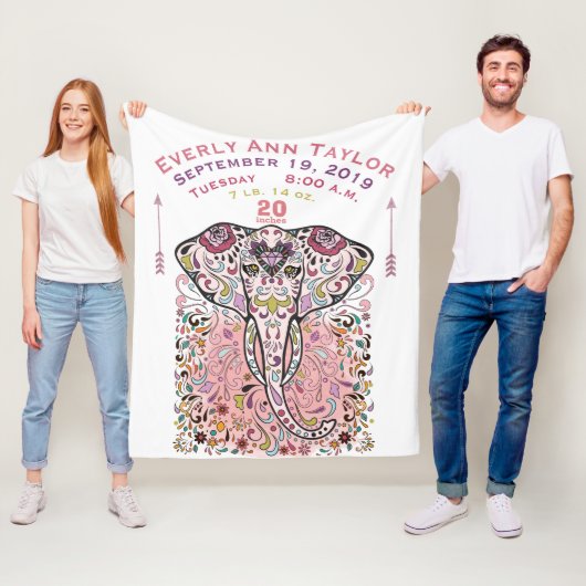 ベビーガールピンク誕生レコード統計エレファント フリースブランケット (インサイチュ)