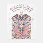 ベビーガールピンク誕生レコード統計エレファント フリースブランケット (正面)