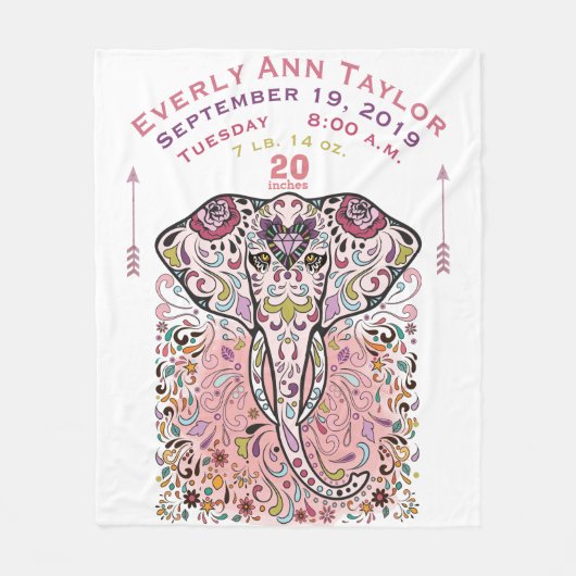 ベビーガールピンク誕生レコード統計エレファント フリースブランケット (正面)