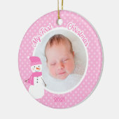 ベビーガールピンク雪だるま初めてのクリスマス写真 セラミックオーナメント (左)