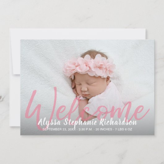 ベビーガールピンク1写真ウェルカム出産発表 招待状 (正面)