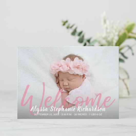 ベビーガールピンク1写真ウェルカム出産発表 招待状 (スタンド正面)