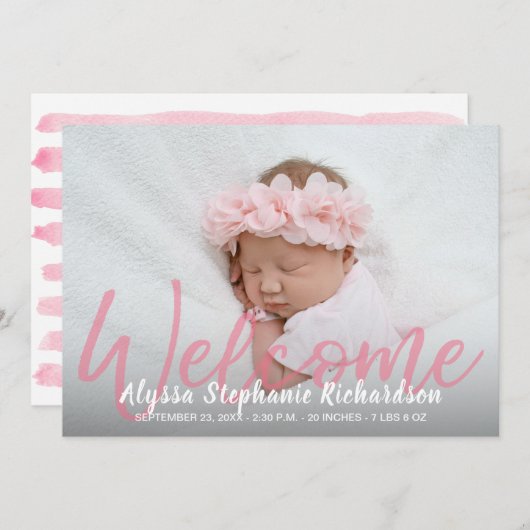 ベビーガールピンク1写真ウェルカム出産発表 招待状 (正面/裏面)